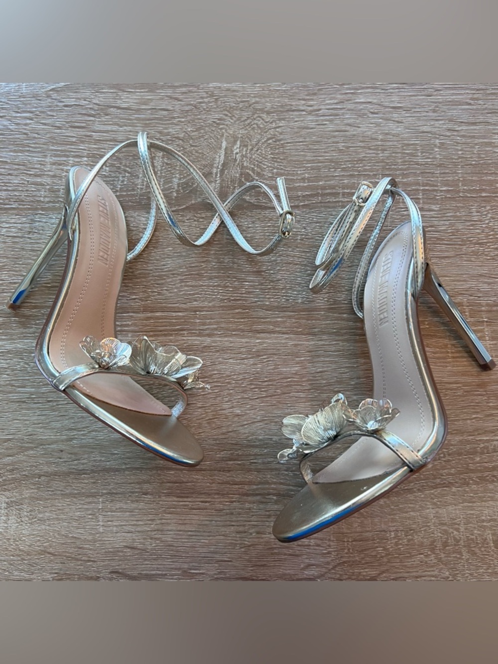 Steve Madden Gold Metallic Floral Ankle-Strap Stiletto Heels - Picture 5 of 10